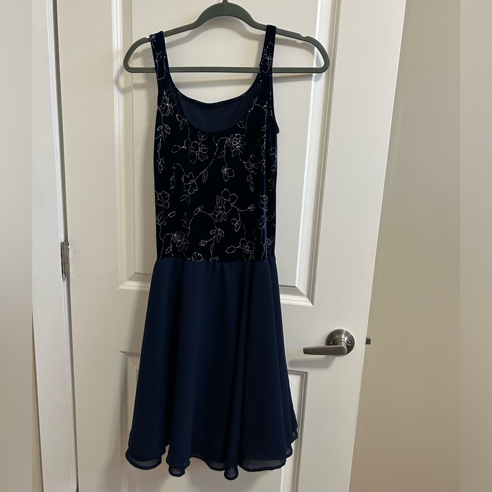 Navy and silver velvet figure skating or dance dress